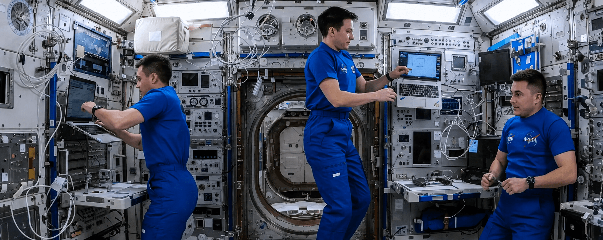 NASA astronauts working inside a space station environment