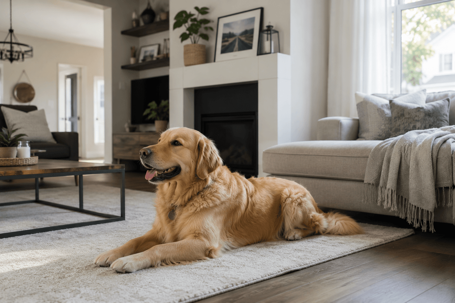 A golden retriever resting beside a sofa in a bright family home